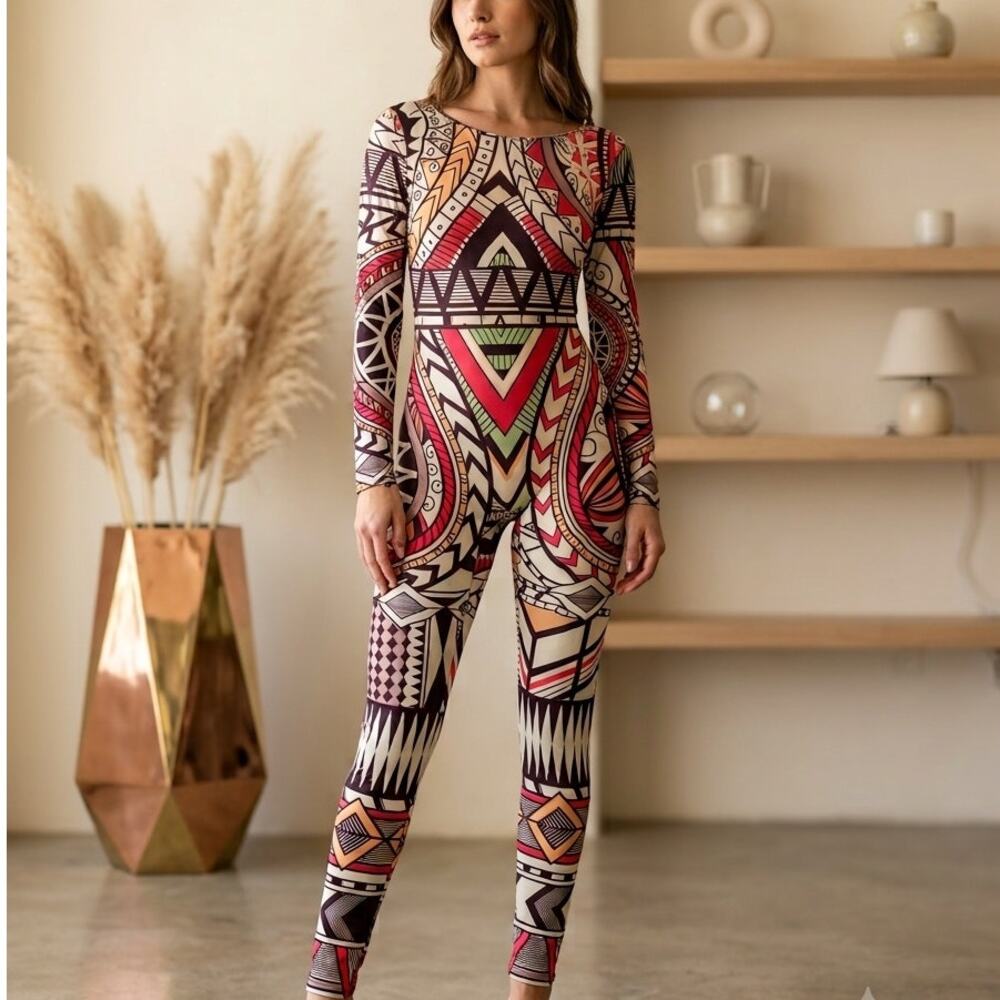 Tribal Jumpsuit Womens M Multicolor Geometric Keyhole Open Back Long Sleeve NWOT